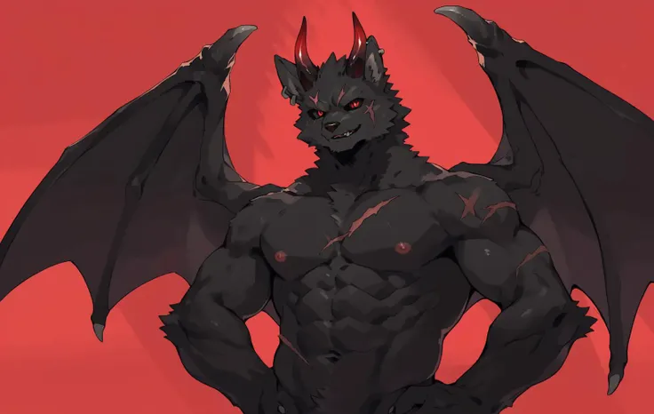 furry,kemono,anthro,
male,
(half-length portrait:1.55),
wolf,wolf ears,wolf tail,
(black body:1.35),(black fur:1.35),(red pupils:1.3),(black sclera:1.35),horizontal pupils,
demon horns,
(looking at viewer:1.3),evil smile,open mouth,
(ear piercing:1.2),
eye scar,scar,
collarbone,
pink nipples,
abs,navel,
hands on hips,
(demon wings:1.35),
cover,
red background,black background,
abstract background,