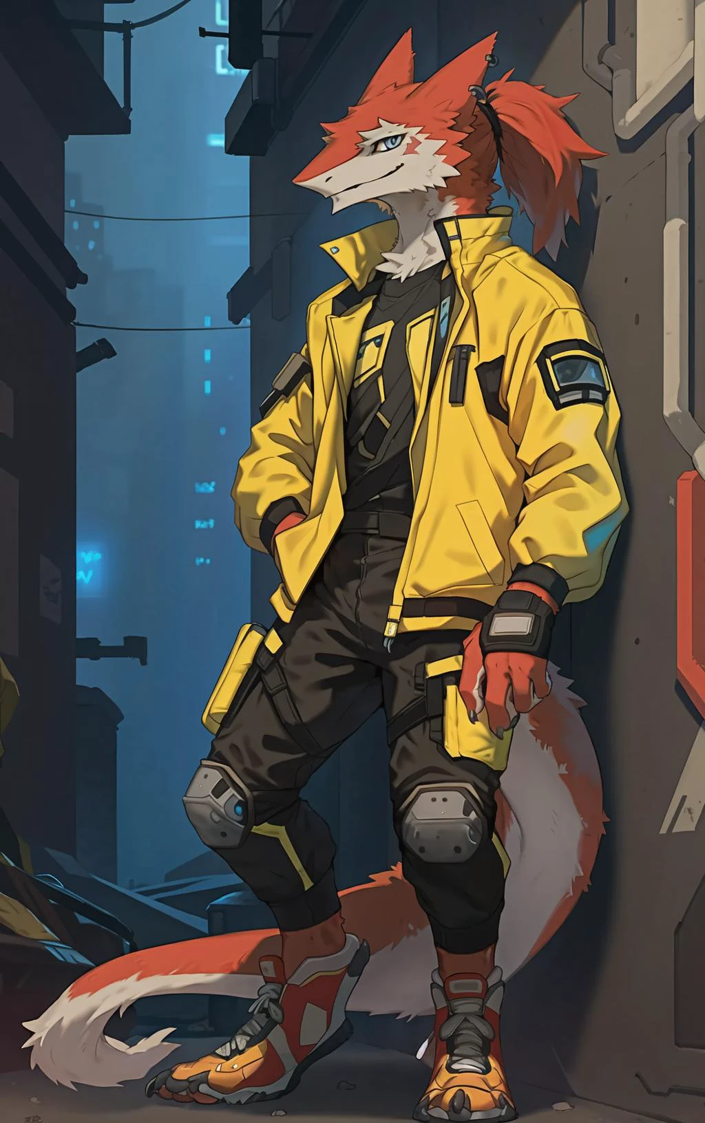 furry, kemono, anthro,
male,solo,
sergal,
(red fur:1.2),blue eyes,red hair,short ponytail,
looking at viewer, smirk,
ear piercing,
collarbone,
(techwear:1.3),(yellow jacket:1.35),open jacket,black shirt,
white pants,
fingerless gloves,
standing,leaning on wall,
sneakers,red footwear,
cyberpunk,
alley,