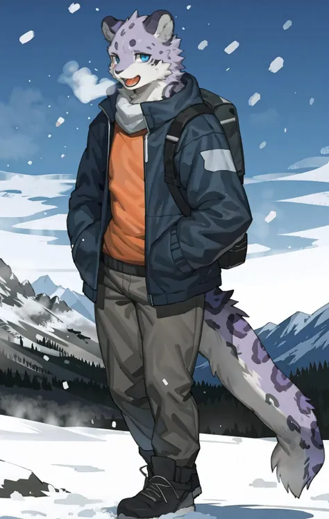 by pgm300,by fuguri,by kiyosan,by milkytiger1145,
furry,kemono,anthro,
male,solo,
(snow leopard:1.25),
blue eyes,
looking at viewer, open mouth, smile,
steam,
(winter clothes:1.25), orange clothes,
hands in pockets,
backpack,
brown pants,
standing,
hiking boots,
snowing,snow,mountain,
sun,blue sky,