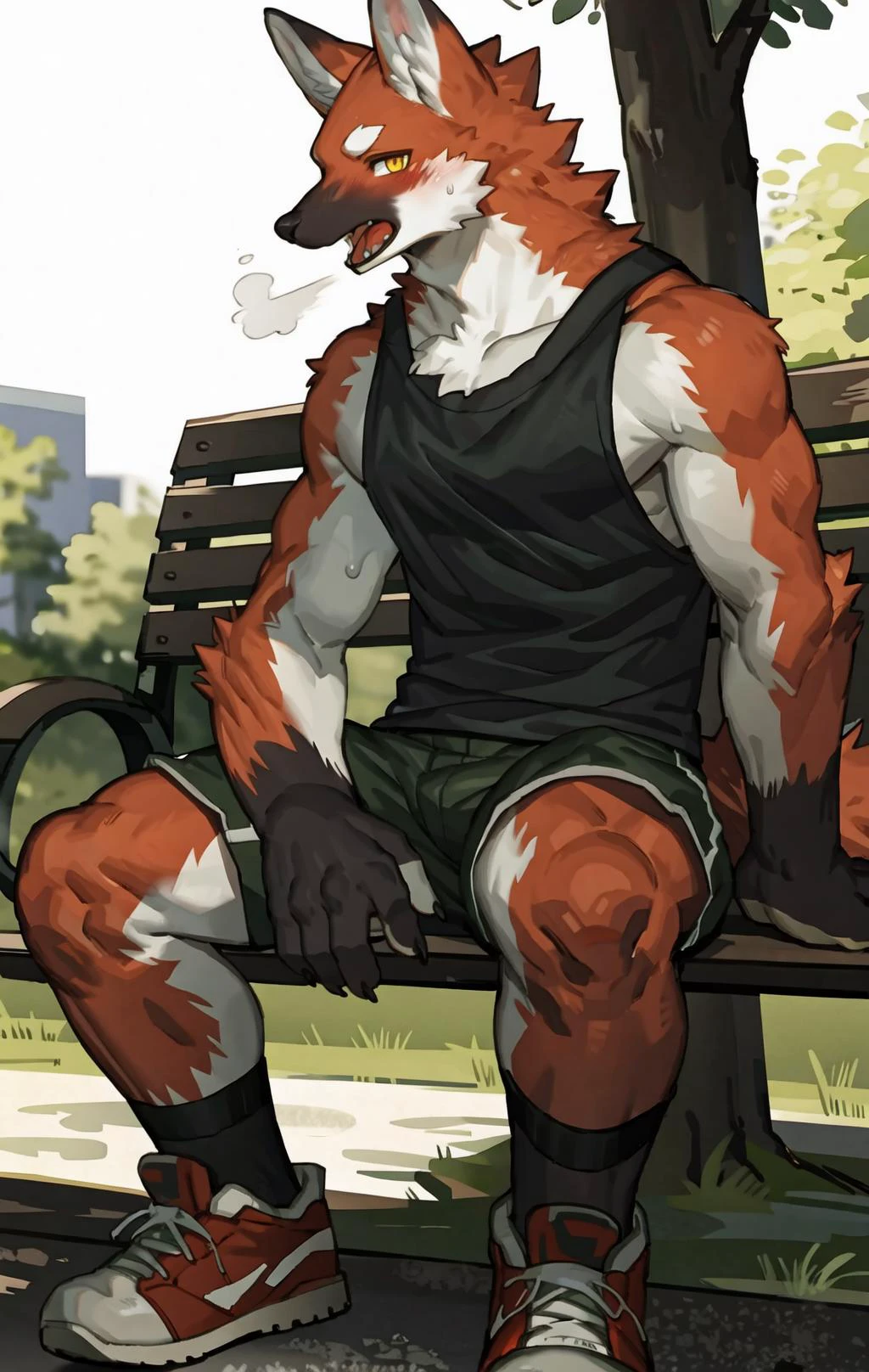 by pgm300,by fuguri,by kiyosan,by milkytiger1145,
furry,kemono,anthro,
male,solo,
maned wolf,
red fur,yellow eyes,
looking at viewer, open mouth,heavy breathing,
sweat,steaming body,
collarbone,
black tank top,
shorts,
sneakers,red footwear,
sitting,
park bench,