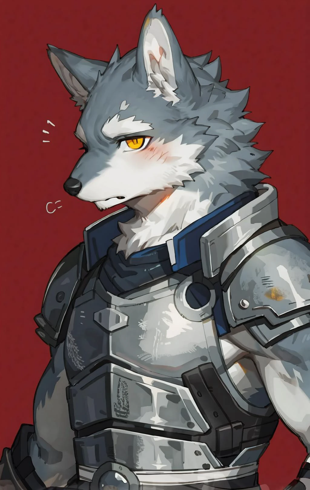 by pgm300,by fuguri,by kiyosan,by milkytiger1145,
furry,kemono,anthro,
bust portrait,
(red background:1.25),black background,
abstract background,
male,solo,
wolf,wolf ears,wolf tail,
grey fur,yellow eyes,
looking at viewer, light frown,
armor,plate armor,