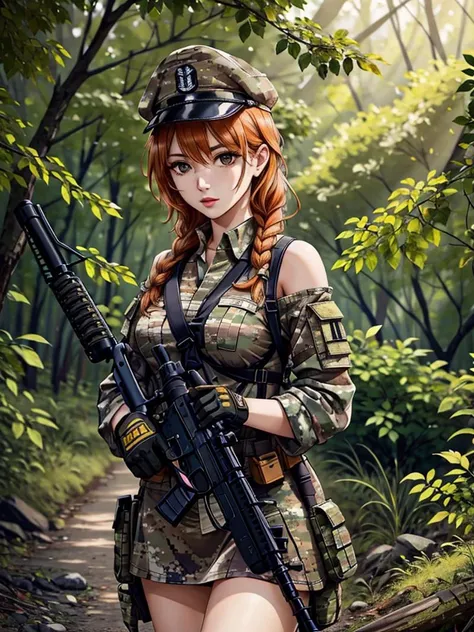 (masterpiece:1.2, best quality), photorealistic, (hyperrealistic:1.2), beautiful, extremely detailed face, a 23yo woman, black-orange hair, braided hair, frilled dress, offshoulder, (perfect anatomy), long gloves, smeling a flower, textured skin, warm lighting
<lora:camouflage_uniform:0.5> wearing camouflage_uniform, wearing cap, holding a rifle, in a forest, military camp