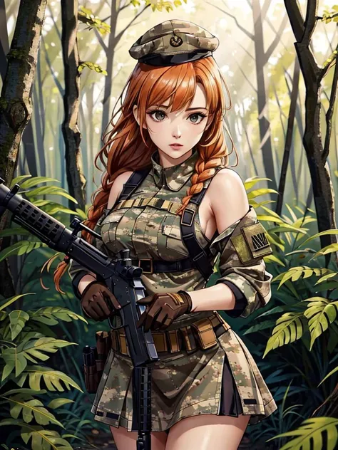 (masterpiece:1.2, best quality), photorealistic, (hyperrealistic:1.2), beautiful, extremely detailed face, a 23yo woman, black-orange hair, braided hair, frilled dress, offshoulder, (perfect anatomy), long gloves, smeling a flower, textured skin, warm lighting
<lora:camouflage_uniform:0.5> wearing camouflage_uniform, wearing cap, holding a rifle, in a forest, military camp