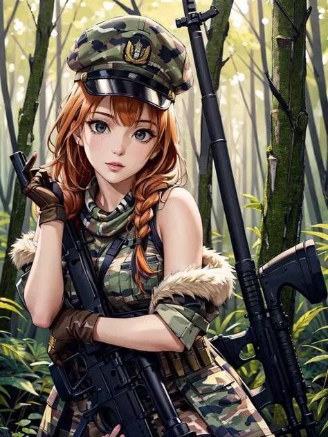 (masterpiece:1.2, best quality), photorealistic, (hyperrealistic:1.2), beautiful, extremely detailed face, a 23yo woman, black-orange hair, braided hair, frilled dress, offshoulder, (perfect anatomy), long gloves, smeling a flower, textured skin, warm lighting
<lora:camouflage_uniform:0.5> wearing camouflage_uniform, wearing cap, holding a rifle, in a forest, military camp