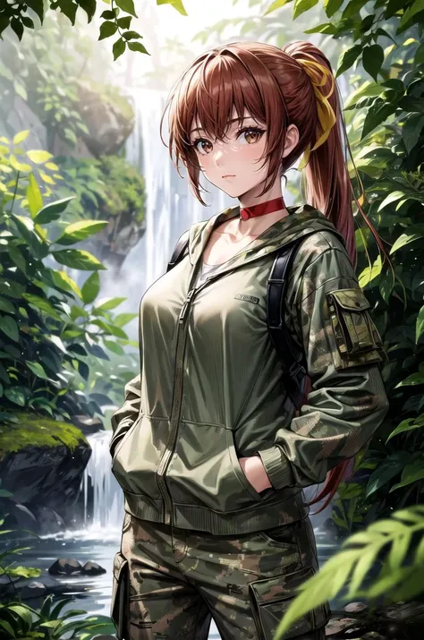 (masterpiece, best quality, detailed), 1girl, solo, looking at viewer, doakasumi, ponytail, hair ribbon, choker,
<lora:camouflage_uniform04:0.5>, wearing camouflage_uniform, jungle, nature, vines, moss, fern, tropical, dappled sunlight, parrot, waterfall, dirty, hibiscus, red flower, hands in pockets, closed mouth