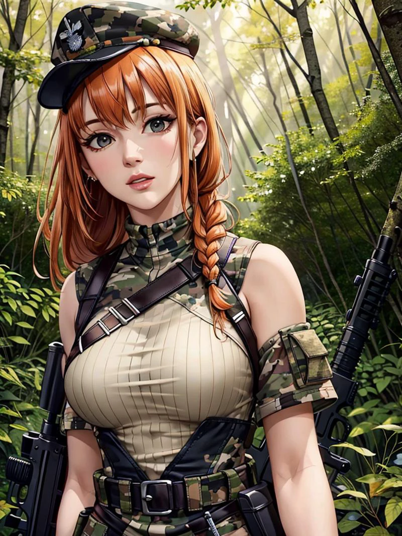 (masterpiece:1.2, best quality), photorealistic, (hyperrealistic:1.2), beautiful, extremely detailed face, a 23yo woman, black-orange hair, braided hair, frilled dress, offshoulder, (perfect anatomy), long gloves, smeling a flower, textured skin, warm lighting
<lora:camouflage_uniform:0.5> wearing camouflage_uniform, wearing cap, holding a rifle, in a forest, military camp