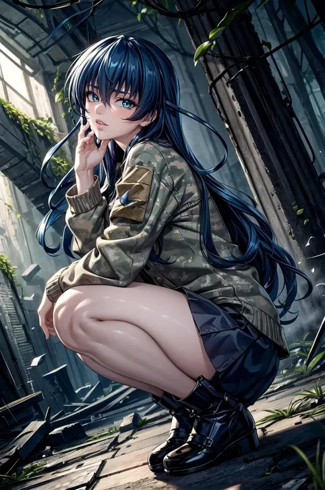 (masterpiece, best quality, detailed), 1girl, solo, looking at viewer, IgawaAsagi, long hair, hair between eyes, black hair, blue hair,
<lora:camouflage_uniform04:0.5>, wearing camouflage_uniform, ruins, overgrown, rubble, pillar, outdoors, building, light rays, fog, dutch angle, squatting, from side, parted lips