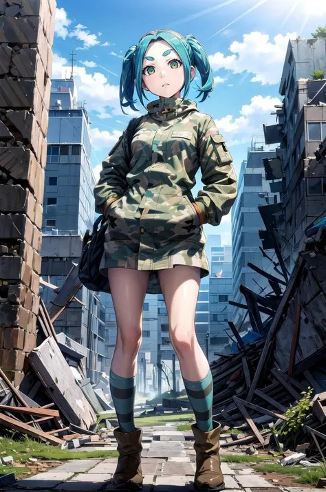 (masterpiece, best quality, detailed), 1girl, solo, looking at viewer,
<lora:ononoki-yotsugi-test-v2:0.75>, ononokiyotsugi, aqua hair, short hair, green eyes, twintails, thick eyebrows, <lora:camouflage_uniform04:0.5>, wearing camouflage_uniform, ruins, overgrown, rubble, pillar, outdoors, building, light rays, fog, hands in pockets, expressionless