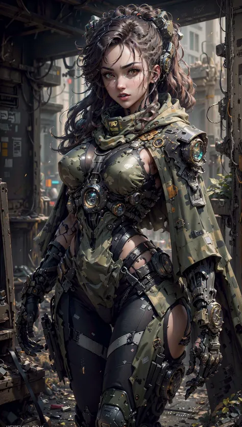 ((Best quality)), ((masterpiece)), (highly detailed:1.3), 3D, beautiful (cyberpunk:1.2) special forces, robort,female with thick voluminous hair wearing (wearing camouflage_uniform:1.1), body armour,cape,digital (camouflage:1.3),HDR (High Dynamic Range),Ray Tracing,NVIDIA RTX,Super-Resolution,Unreal 5,Subsurface scattering,PBR Texturing,Post-processing,Anisotropic Filtering,Depth-of-field,Maximum clarity and sharpness,Multi-layered textures,Albedo and Specular maps,Surface shading,Accurate simulation of light-material interaction,Perfect proportions,Octane Render,Two-tone lighting,Wide aperture,Low ISO,White balance,Rule of thirds,8K RAW,Efficient Sub-Pixel,sub-pixel convolution, <lora:FINAL Robort:0.6> <lora:camouflage_uniform04:0.6> <lora:nijiMecha:0.4>