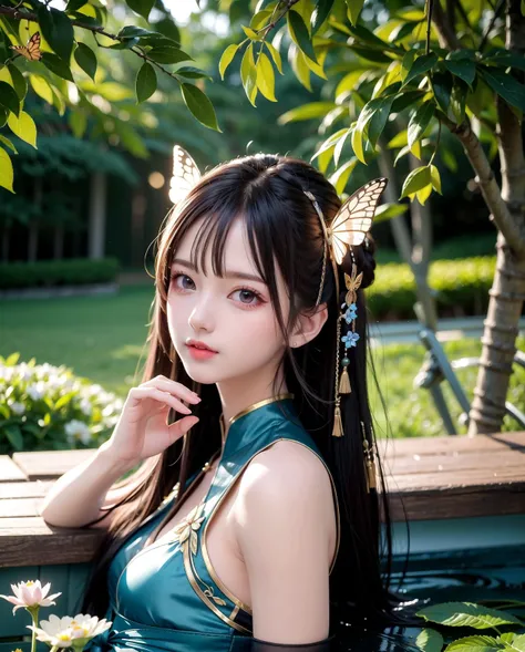 masterpiece, detailed, natural lighting, shade, best quality, detailed illustration,detailed girl, cute,butterfly wings hair accessory, flying, menacing, expensive silk clothing, detailed silk clothing, see through clothing