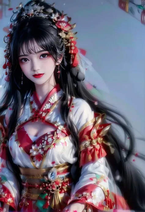 human goddes,1girl, black hair, breasts, chinese clothes, cleavage, dress, earrings, floral print, flower, grey background, hanfu, jewelry, lips, lipstick, long hair, long sleeves, looking at viewer, makeup, red lips, sitting, solo, white flower , <lora:JapaneseDollLikeness_v15:0.5> <lora:sexy_beauty_v15:1>