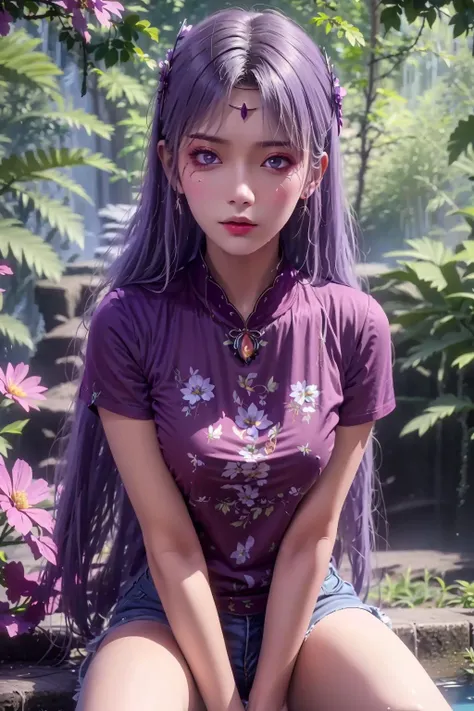 masterpiece, best quality, 1girl, lfd, xiaoyixian, purple eyes, black hair, long hair, looking at viewer, circlet, t-shirt, ((red t-shirt)), shorts, denim shorts, looking at viewer, sitting, closed mouth, surrounded by flowers, ((flowing water)), portrait, <lora:lfd_guo_V1_HRex:0.9>