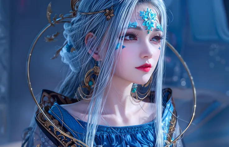 (masterpiece:1.1), (highest quality:1.1), (HDR:1.0), extreme quality, cg, <lora:add_detail:1>
1girl, solo, blurry background, long hair, hair ornament, blue hair, jewelry, blurry, makeup, earrings, red lips, collarbone, looking away, dress, brown eyes, lips, upper body, looking to the side, portrait, closed mouth, hair stick, facial mark, lipstick