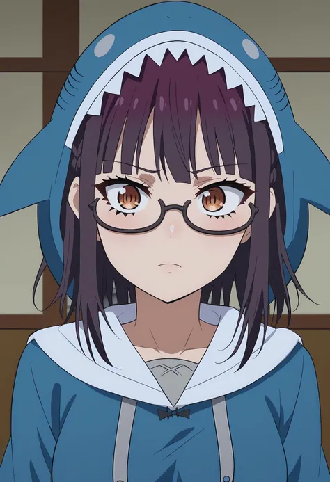 score 7 up, solo, source anime, 1girl, , <lora:sumika-fujimiya-s1-ponyxl-lora-nochekaiser:1> sumika fujimiya, brown eyes, purple hair, braid, glasses, semi-rimless eyewear, under-rim eyewear, , <lora:gawr-gura-cosplay-ponyxl-lora-nochekaiser:1>, gawrguracosplay, gawr gura \(cosplay\), shark hood, shark costume, blue hoodie, shark tail, animal hood, fish tail,,