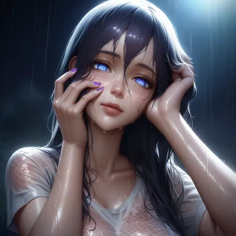 Best picture quality, masterpiece, ultra high resolution, (fidelity :1.4), photo, 1 girl,[(sadness)], Dim, dark, desperate, pitying, pitiful, cinematic, tear, teardrop, (Torn clothes:1.5), (Wet clothes:1.4), bare shoulders,Real rain,wet hair, Elhaym von Houten