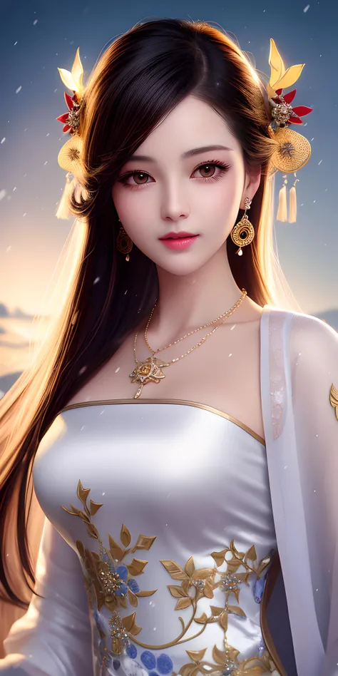 Best Quality, Masterpiece, High Resolution, 1girl, Clear Silk Porcelain Dress, Pretty Face, Hair Accessories, Look at the Audience, Smile, Close Mouth, Lips, Dress, Hair Accessories, Necklaces, Jewelry, Long Hair, Earrings, Beautiful Face, Body, Tindal Effect, Realism, Shadow Studio, Edge Lighting, Two-Color Lighting, (High Detail Skin: 1.2), 8k UHD, DSLR, Soft Light, High Quality, Volume Lighting, Photo, High Resolution 4K, 8k, Blurred Background