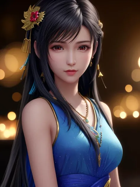 Beautiful Asian woman with a flirting smile, Wearing golden lace Hanfu, Drop your shoulders, plump breasts, seductive cleavage, golden eyes, Focus on the audience, state's, split, HD, UHD, Wallop, artistic sprout, long braid hairstyle, anime big eyes, realistic eyes, Very detailed目, natural skin, natural skin texture, Scattered under the surface, calm colors, skin pores, perfect face, perfect eyes, perfect lips, Soft female form, outstanding, cinematic, Cinema lights, Very detailed, surreal, masterpiece, in the atmosphere, High resolution, Lively, high contrast, Vignetting, 8K, HDR, 500 pixels, Look from above, bust