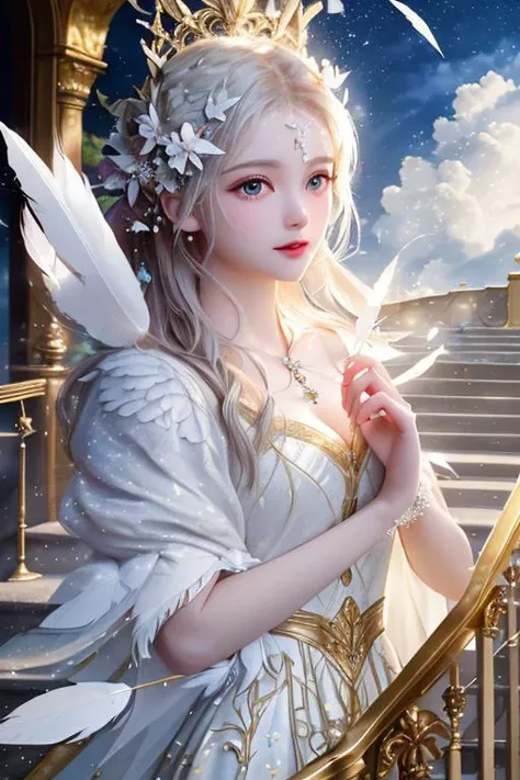 (((There are suspended staircase above the sky))), (((only suspended staircase))), (((Clouds surround the white suspended staircase))), The suspended staircase are snow-white, There are only suspended staircase in the sky, White feathers, (((White feathers fluttered around the suspended staircase))), (((Heaven))), ((Cloud gap light)), beautiful detailed sky, beautiful detailed cumulonimbus, (((extremely detailed CG unity 8k wallpaper, masterpiece, best quality, ultra-detailed))), (best illumination, best shadow, an extremely delicate and beautiful), dynamic angle, floating, finely detail, (bloom), (shine), glinting stars, feather,nature,(sunlight), fairyland <lora:DreamBasedOnGuofeng3_v10:0.6>