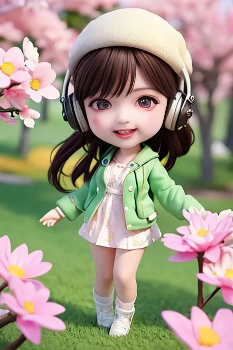 (masterpiece),(best quality),(ultra-detailed), (full body:1.2), 1girl,chibi,cute, smile, open mouth, flower, outdoors, Piano, music, beret, holding guitar, jacket, blush, tree, :3, shirt, short hair, cherry blossoms, green headwear, blurry, brown hair, blush stickers, long sleeves, bangs, headphones, black hair, pink flower, (beautiful detailed face), (beautiful detailed eyes), <lora:blindbox_V1Mix:1>