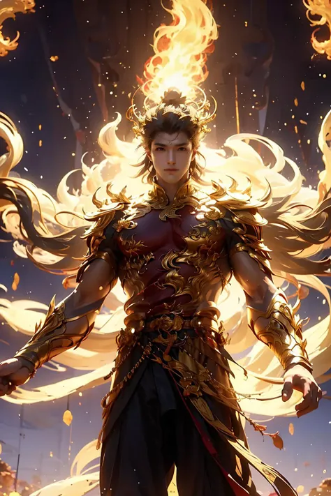 Flaming mountains, lightning, (a Chinese boy), looking up, panoramic shot, long hair dancing, golden armor emitting flames, movie grade, high-quality.
<lora:ç¥ç¸æ³èº«_ç¥ç¸æ³èº«.v1:0.8> , 1boy, <lora:äºæ´²ç·çï¼boyï¼ä¸å¿µï¼_v1.5:0.65>