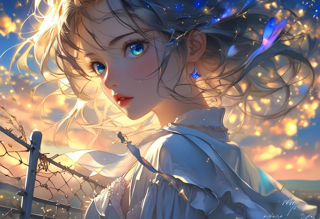 Anime girl with blue eyes looking at the sky - SeaArt AI