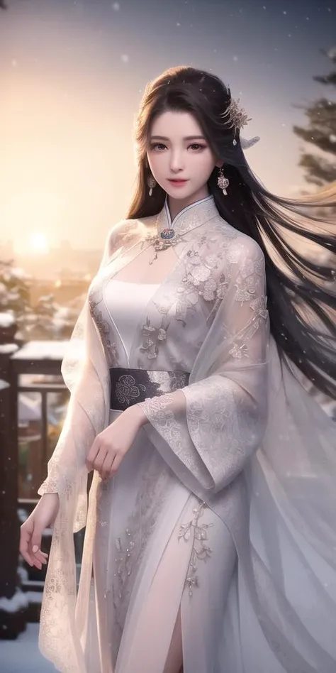 best quality, masterpiece, highres, 1girl, hyper detail long floral guipure Lace Stand Neck Dress,transparent silk china dress, cotton robe, hair ornament, smile, closed mouth,lips, dress,hair ornament, necklace, jewelry, chinese clothes, long hair, earrings, detailed beautiful eyes,detailed eyelash, Beautiful face,upon_body, tyndall effect,photorealistic, rim lighting, two tone lighting,(high detailed skin:1.2), 8k uhd, dslr, soft lighting, high quality, volumetric lighting, candid, Photograph, high resolution, 4k, 8k, Bokeh, in garden, falling snow, winter