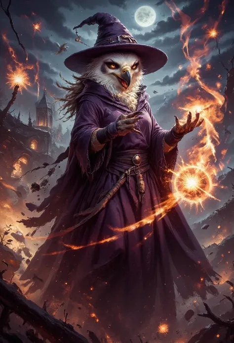 anthr0dnd,
an anthropomorphic hawk witch on an illustrated fantasy background. She is wearing a witches robes and hat and is casting a powerful magic spell.