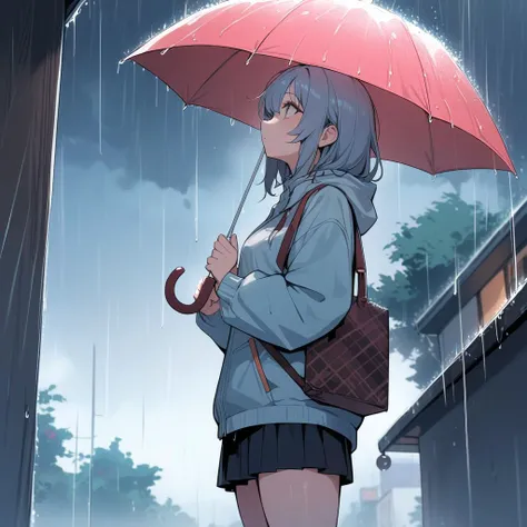 girl, standing, holding a umbrella, rain, lookup the sky,lulu01,manga , masterpiece, best quality