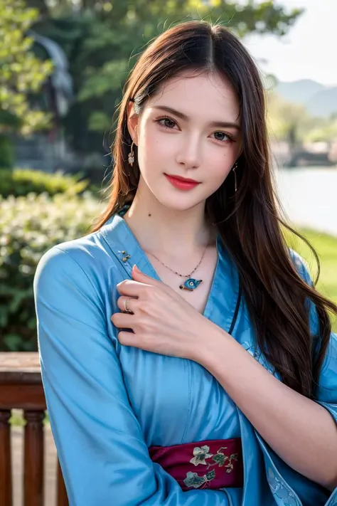 (best quality, masterpiece, 8K, ultra high res, realistic:1.3), (Beautiful and detailed face:1.2), (close up:1.2), 1girl, solo, looking at viewer, (slim body:1.2), (blue chinese robe:1.2), earrings, hairpin, necklace, architecture, east asian, riverside, forest, <lora:add_detail:0.5>, <lora:ellieFanning:0.3>, <lora:EvanRachelWood23Apr:0.3>, <lora:HazelMoore:0.3>