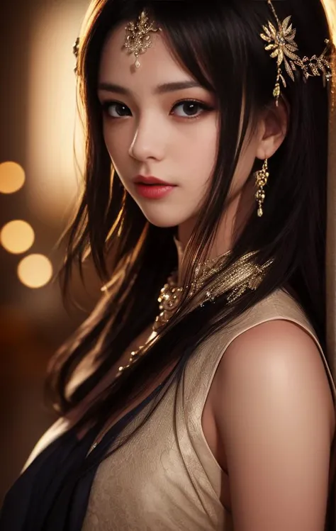 A beautiful girl in jeweled, bodysuit, long hair, detailed face, cinematic lighting, highly detailed, 8k, masterpiece, photorealistic, vibrant colors, chiaroscuro lighting