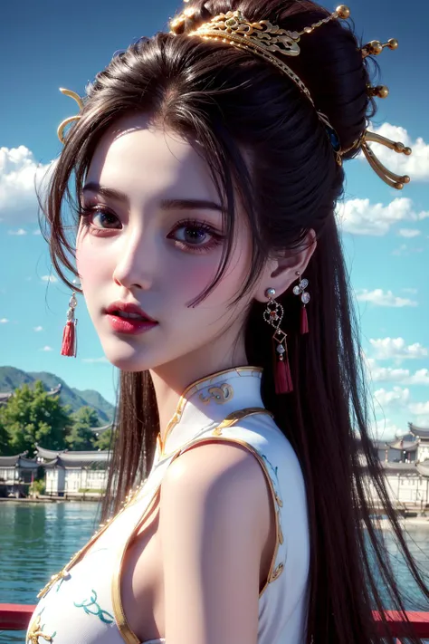 <lora:fashionGirl_v50:0.66>, (best quality:1.3, masterpiece:1.3), ultra high res, (1girl, solo), atmospheric perspective, detailed face, upper body, make up, pink lips, parted lips, shiny skin, (brown hair), very long hair, looking at viewer, red eyes, earrings, small breasts, slim body,(white silk) ,(((east asian architecture, riverside, beautiful background))), perfect lighting, (front lighting), physically-based rendering,