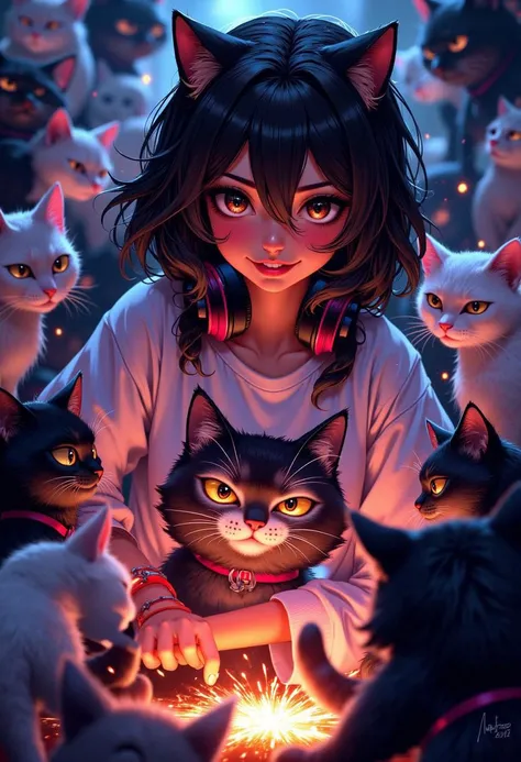 Anime style, girl wearing meme cat shirt, silly, smug, beautiful, high quality, hand drawn, surrounded by cats,
black hair, pink highlights, headphones on shoulders,
MythAn1m3,
Sparks and embers fly around her in the dimly lit, blurred background. Anime style, high contrast, and saturated colors. <lora:FluxMythP0rtr4itStyle:0.8>