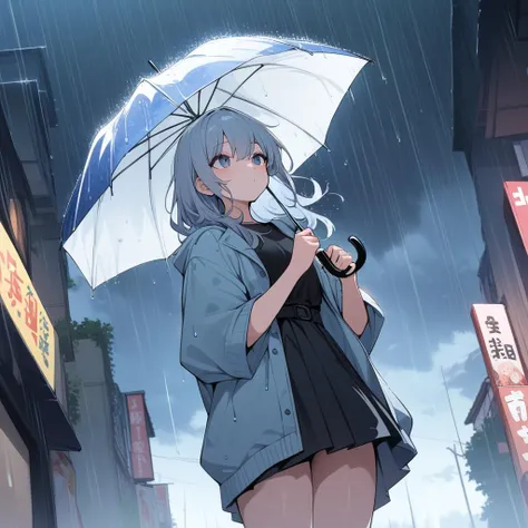 girl, standing, holding a umbrella, rain, lookup the sky,lulu01,manga , masterpiece, best quality