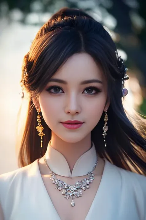(best quality, masterpiece, high resolution), 1girl,(portrait), white transparent silk china dress, smile, closed mouth,lips, dress, hanfu, necklace, jewelry, long hair, earrings, Beautiful face,upon_body, tyndall effect,photorealistic, rim lighting, two tone lighting,(high detailed skin:1.2), 8k UHD, DSLR, soft lighting, high quality, volumetric lighting, candid, high resolution, 4k, 8k, Bokeh, dream forest, feather drop effect, morning, close-up view