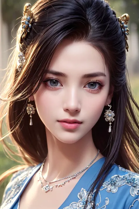 (best quality, masterpiece, 8K, ultra high res, realistic:1.3), (Beautiful and detailed face:1.2), (close-up:1.2), 1girl, solo, looking at viewer, big eyes, small breasts, slim body, arms at sides, smile, (Extremely detailed chinese long embroidery silk robe:1.2), earrings, hairpin, necklace, architecture, east asian, riverside, forest,