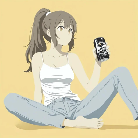 best quality, very aesthetic, absurdres, [realistic::0.1]
(limited palette, flat color:1.6), [light blue|gray] theme, (outline,bolder:-0.1)
1girl,solo, high ponytail, brown hair, long hair, brown eyes, sidelocks, jitome,tareme,
medium breasts, sitting on yellow floor, looking (looking at viewer:-1), white camisole, jeans, simple light blue background,potted plant, holding beer can, barefoot, 
<lora:No_outline:1:lbw=OUTALL:start=5>,