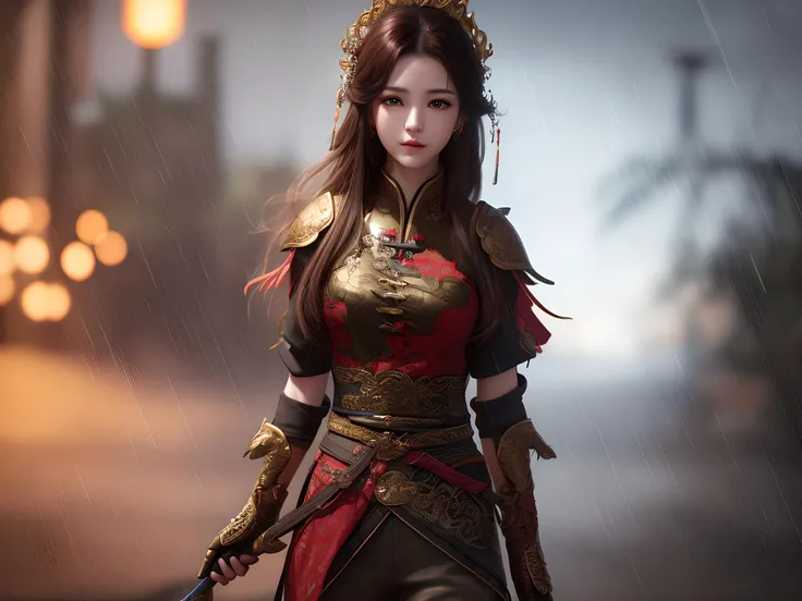 masterpiece,extremely detailed CG unity 8k wallpaper,1girl, beautiful, realistic, blurry, blurry_background, blurry_foreground, brown_hair, depth_of_field,beautiful face, chinese clothes, gloves, long pants,torrential rain,forest,