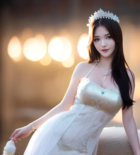 1girl, goddess, solo, cute, innocent, (smile), (innocent smile), black hair, lace, lace necklace, flower headgear, (hollow pattern, white, silk), busty,
gorgeous, luxury, royal palace, seductive posture, sexy pose, royal dress,
arm straps, (photorealistic:1.2), (intricate details:1),cinema lighting, (detailed eyes),(detailed facial features),
(detailed clothes features), HDR, 8k resolution, cowboy shot , blurry background, soft focus,
looking at viewer, skin tight, (shiny skin),(slender girl), dreamlike, outdoor,
flower_style:0.3, <lora:fromis9Jisun_v1:0.8>,