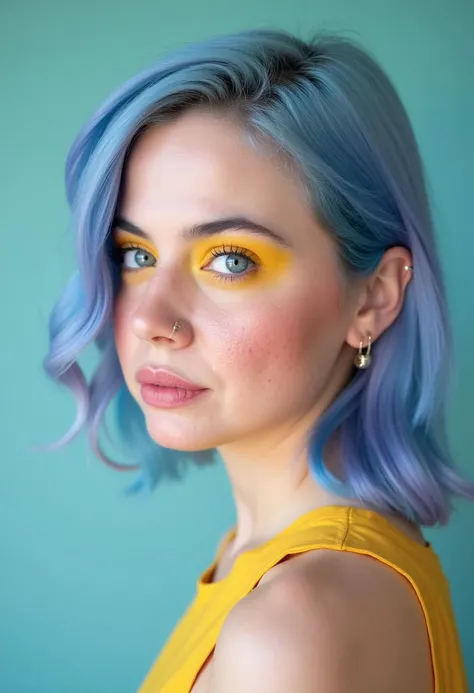 photo of a young woman with pastel blue hair, natural-looking, yellow eyeshadow, pale skin, freckles, pastel colors
