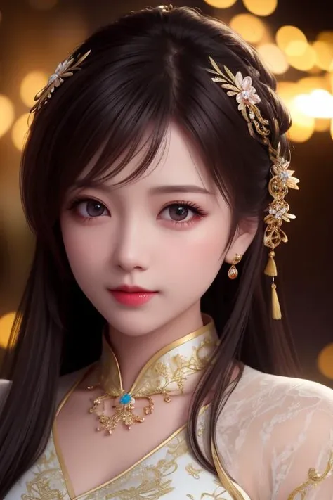 best quality, masterpiece, highres, 1girl,china dress,hair ornament,necklace, jewelry,Beautiful face,upon_body, tyndall effect,photorealistic, dark studio, rim lighting, two tone lighting,(high detailed skin:1.2), 8k uhd, dslr, soft lighting, high quality, volumetric lighting, candid, Photograph, high resolution, 4k, 8k, Bokeh,<lora:liuyifei_10:0.4>,<lora:cuteGirlMix4_v10:0.2>