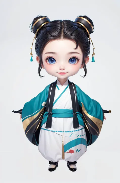 solo, black_hair, double_bun, smile, white_background, simple_background, closed_mouth, wide_sleeves, standing, forehead, japanese_clothes, 1boy, full_body, long_sleeves,best quality, masterpiece, highres, china dress,Beautiful face,