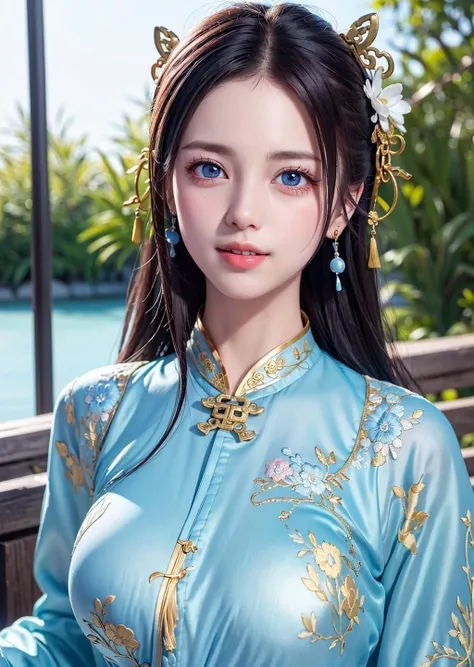 (best quality, masterpiece, 8K, ultra high res, realistic:1.3), (Beautiful and detailed face:1.2), (close-up:1.2), 1girl, solo, looking at viewer, big eyes, big breasts, slim body, arms at sides, smile, (Extremely detailed light blue chinese long embroidery silk robe:1.2), earrings, hairpin, necklace, architecture, east asian, riverside, forest,