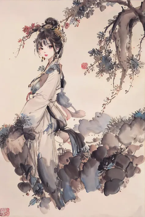 shukezouma,(illustration:1.1),(best quality),(masterpiece:1.1),(panorama shot:1.3),(full body:1.25),(solo:1.2),highres, (ink splashing),(color splashing),(watercolor:1.2),mountainous horizon, 1girl sitting, garden,bridge,river,reflection, bonian,ru_qun,hanfu,hanfugirl,white shirt, white skirt, looking behind, make happy expressions,soft smile,pure,beautyfull detailed face and eyes,(big breasts:0.75),black hair,black eyes,looking at viewer,