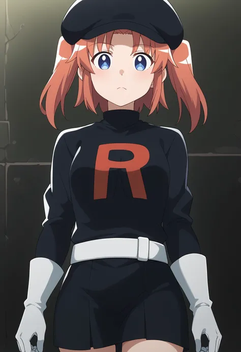 score 7 up, source anime, 1girl, , <lora:yonomori kobeni_PONY_last:1> kobeni-default, yonomori kobeni, , <lora:team-rocket-uniform-ponyxl-lora-nochekaiser:1> team rocket uniform, black hat, black shirt, black skirt, white belt, white gloves, single letter,,