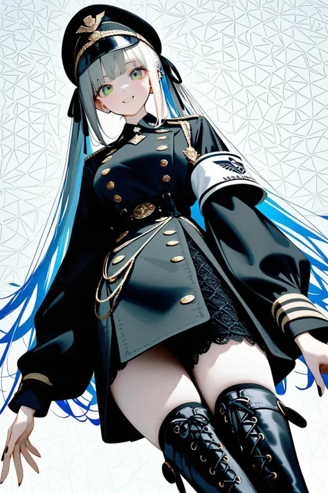 nai3_for_sdxl, 1girl, solo, dynamic angle, (military uniform , gothic:1.2), military hat, ribbon, armband, black thighhighs, lace-up boots, platform boots, Kawaii, [(white background:1.2)::0.2], (geometrical pattern background:1.2), newest, highres, illustration, incredibly absurdres, ultra detailed, masterpiece, best quality,  <lora:crowd_notrigger:1>