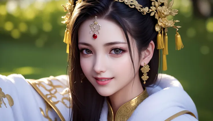 (best quality, masterpiece, 8K, ultra high res, realistic:1.3), (Beautiful and detailed face:1.2), (close-up), 1girl, solo, looking at viewer, big eyes, small breasts, slim body, arms at sides, (smile:1.4), (Extremely detailed chinese embroidery silk robe:1.2), earrings, hairpin, necklace, architecture, east asian, riverside, forest,