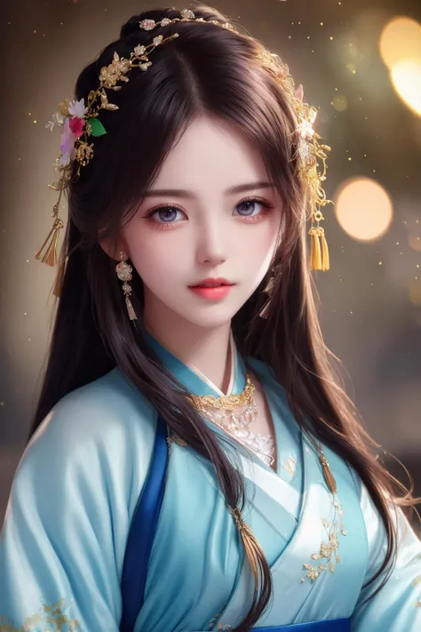 masterpiece, best quality, high quality, highres, high resolution, 4k, 8k, 8k uhd, dslr, photorealistic, photograph, Bokeh, dark studio, rim lighting, two tone lighting, soft lighting, volumetric lighting, tyndall effect, hair ornament, beautiful face, necklace, jewelry, (high detailed skin:1.2), china hanfu, candid,