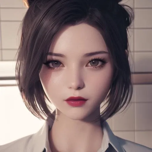 a girl is standing in the shower,1girl,unbuttoned shirt,lipstick,hair bun,colored inner hair,shushing,{steam},Looking at Viewer,golden hour lighting,comic,atmospheric perspective,bokeh,detailed,Cinematic light, intricate detail, highres, detailed facial features, high detail, sharp focus, smooth, aesthetic, extremely detailed, stamp, octane render,{{{masterpiece}}}