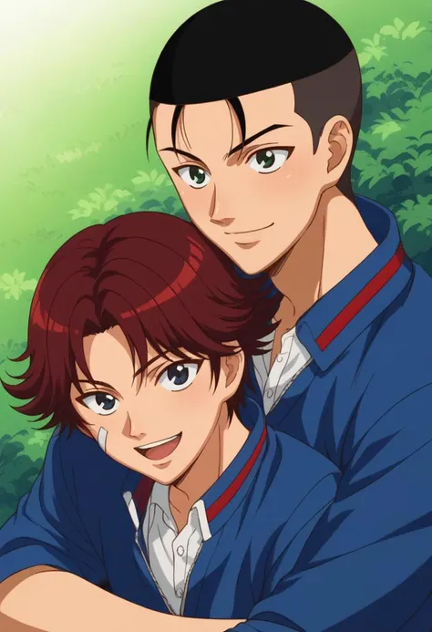 score_9, score_8_up, score_7_up, source_anime, highly detailed, 2boys
shuichiro, 1boy, male focus, black hair, very short hair, green eyes, smile, closed mouth, BREAK
eijikiku, 1boy, male focus, red hair, short hair, black eyes, bandaid on face, smile, open mouth, BREAK
outdoor, upper body, hug from behind,