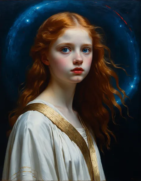 Minimalist painting of an albino teen girl in a white and gold Antient Greek toga by Albert Lynch, Abbott Handerson Thayer, highly detail, best quality, sci-fi, standing at the center of a black hole, innocent, serene, white skin, pale skin, blue eyes, long flowing red hair, ultra detailed, romantic, Rembrandt lighting